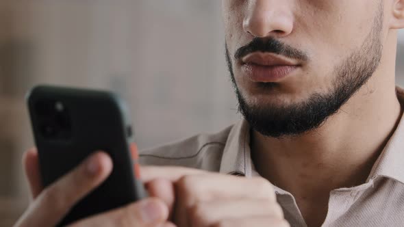 Close Up Male Hands Young Hispanic Arab Man Professional Worker Guy Holding Cellphone Chatting in alt
