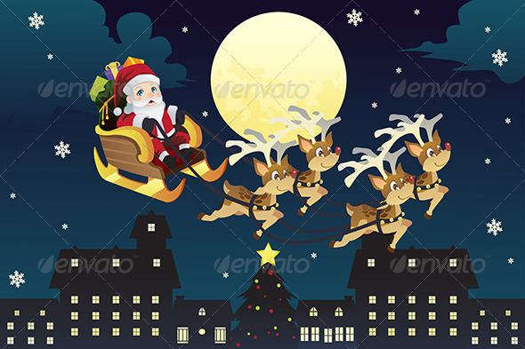 Santa Riding Sleigh with Reindeers - Christmas Seasons/Holidays
