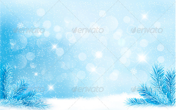 Blue Christmas Background with Tree Branches - Christmas Seasons/Holidays