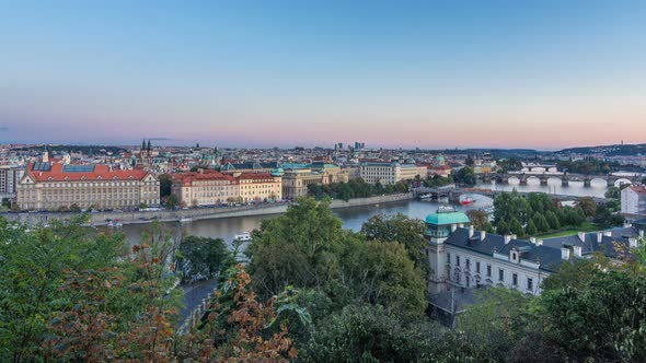 Evening Panorama of Prague with Vltava River and Prague Bridges Day To Night Timelapse alt