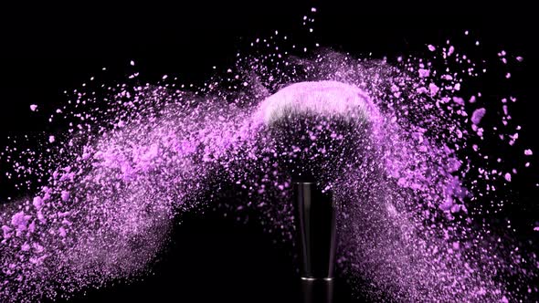 Super Slow Motion Shot of Violet Makeup Powder Falling From Facial Brush at 1000Fps alt