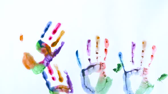 Creative Concept  Man and Woman Make Prints of Their Painted Hands on a White Background alt