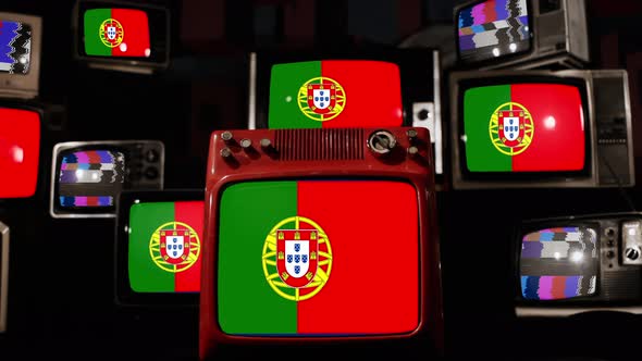Flag of Portugal on Retro TVs. 4K.