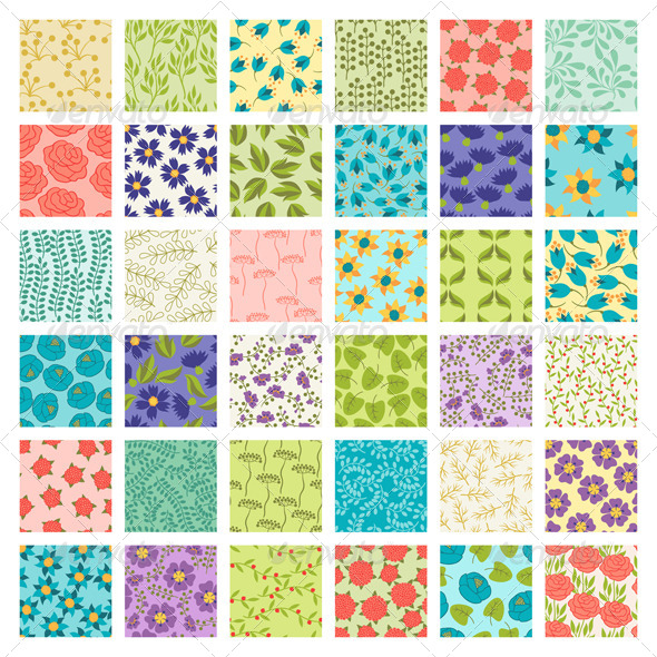Set of 36 Seamless Floral Patterns - Flowers & Plants Nature
