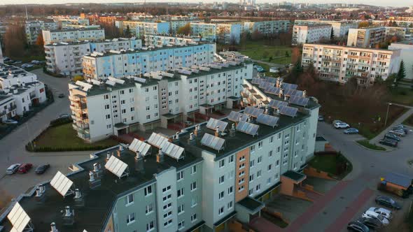 Aerial View From Drone Solar Power Plant Located Roofs Buildings alt