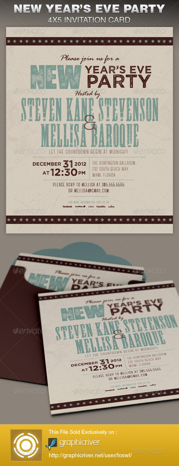 Retro New Year Party Invite Card Template - Cards & Invites Print Templates