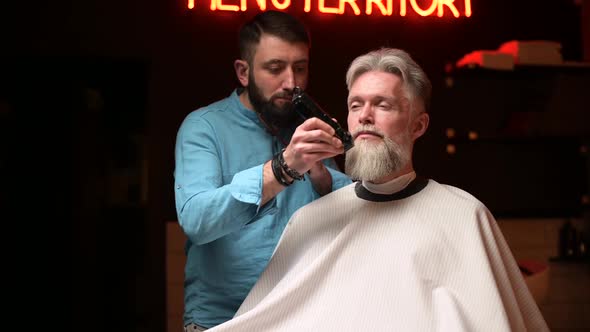 The master in the barbershop evens the beard for a respectable stylish client alt
