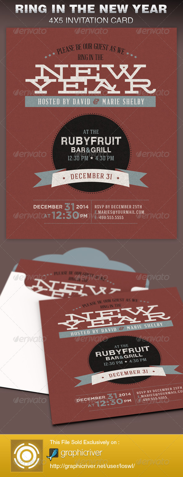Ring in the New Year Party Invite Card Template - Cards & Invites Print Templates