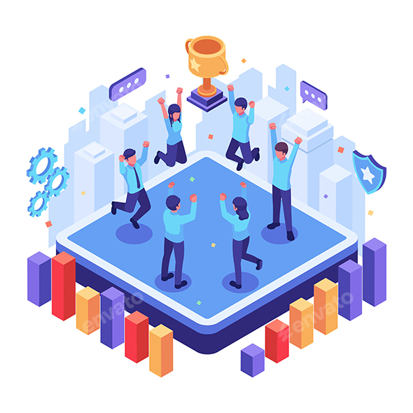 Isometric Business Team Celebrates with Golden Trophy
