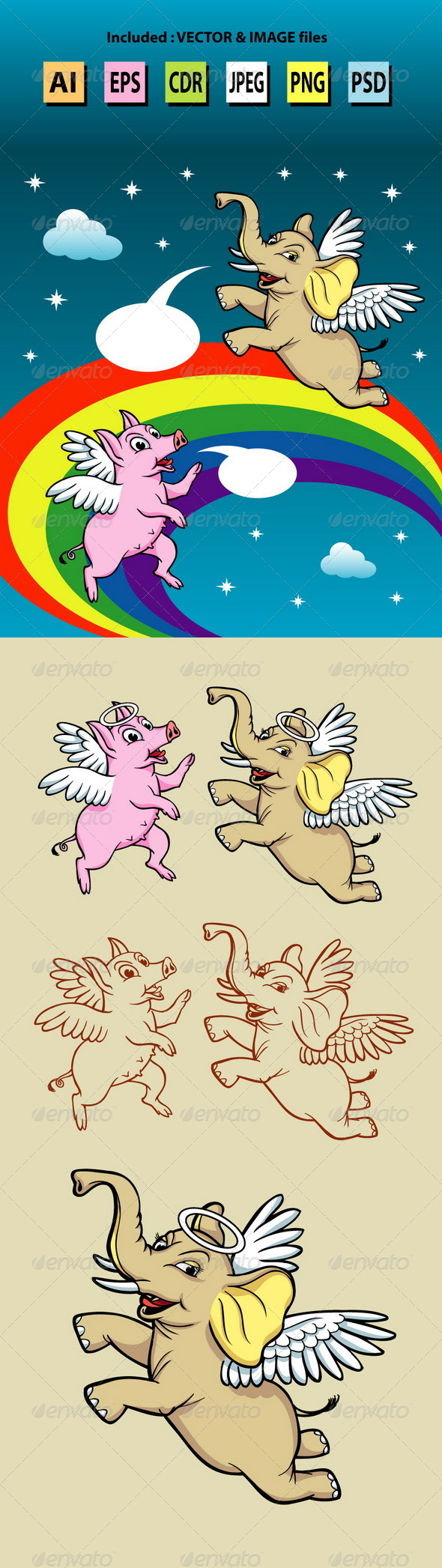 Angel Pig and Elephant Illustration - Animals Characters