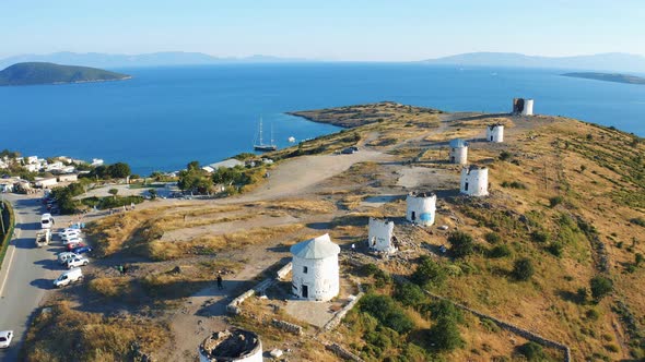 Aerial Fly Over Windmills in Bodrum, Turkey alt
