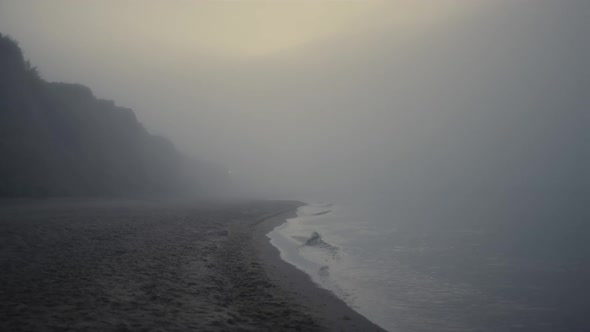 Scenic View Rocky Beach in Morning Fog alt