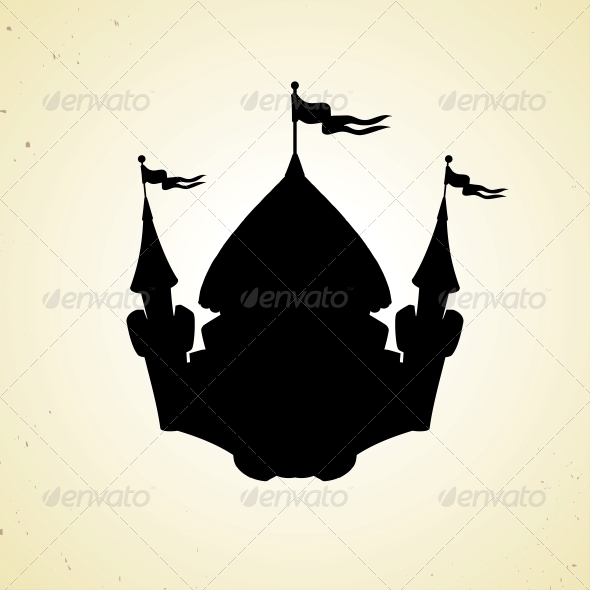 Silhouette of Cartoon Fortified Castle with Flags. - Buildings Objects