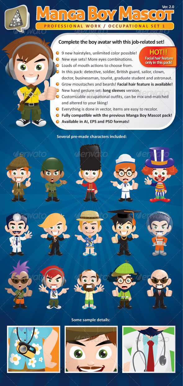 Manga Boy Mascot Creation Kit - Occupational Set - Characters Vectors