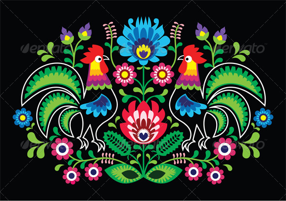 Polish Floral Embroidery with Cocks - Traditional - Flowers & Plants Nature