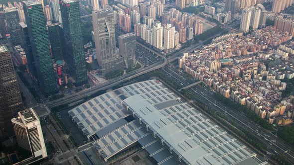 Shenzhen Central Business District Aerial Skyline Panorama Timelapse Pan Up alt