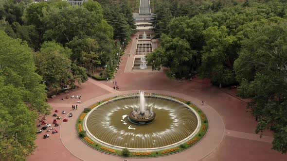 Aerial Drone Flying Over Fountain in Vake Park in Tbilisi