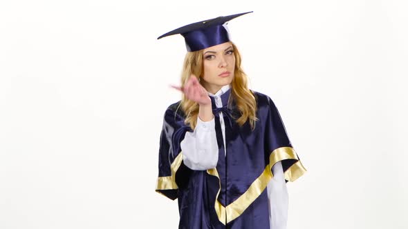 Female Graduate Threatening Finger and Shows Sign Quietly. White alt
