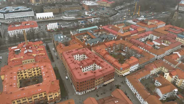 Aerial Reveal of Haga District with Independent Cafes and Shops Gothenburg