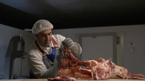 Meat Processing Plant Butcher Cuts Beef Carcasses Meat Production and Food Industry the Process of alt
