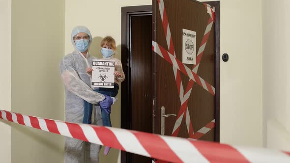 Sick Father with Kid Daughter in Medical Masks Opening Home Door Coronavirus Quarantine Lockdown alt