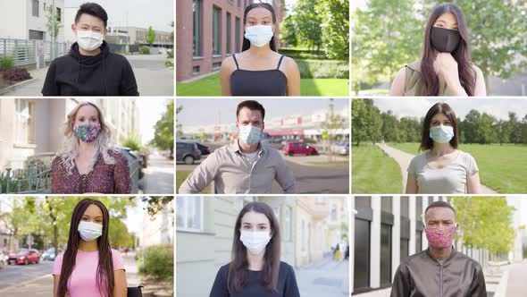 Compilation  Group of Nine Multicultural People with Face Mask Looks at the Camera alt