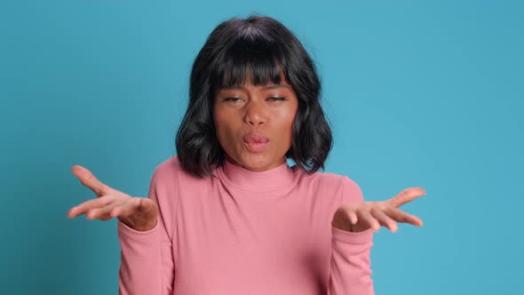 Upset Woman Gesticulates Angrily Says What Expresses Negative Emotions alt