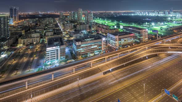 Tecom Barsha and Greens Districts Aerial View From Internet City Night Timelapse alt