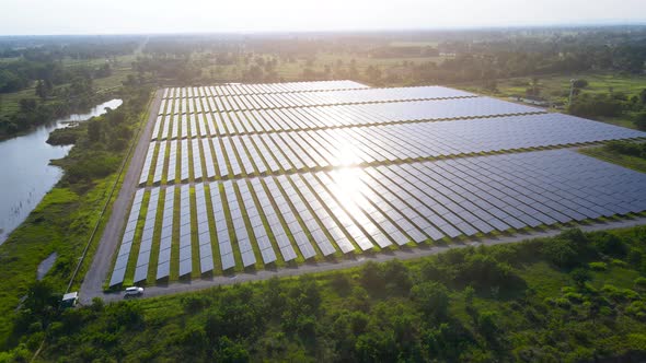 Eco Power Save Earth Solar power plant and 4K aerial view. Renewable energy. Green tech. alt