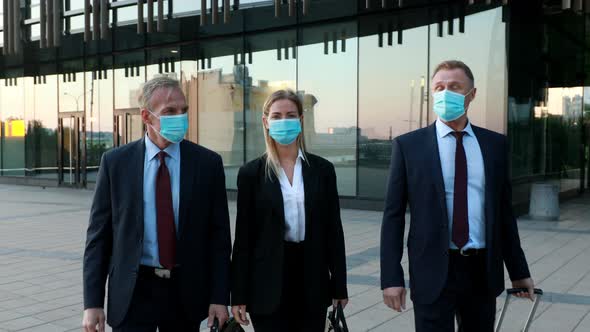 Pandemic, Happy Business Woman and Workers Protective Mask Quarantine Is Over