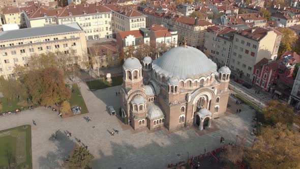 4k Aerial view of Sveti Sedmochislenitsi Church in Sofia, Bulgaria alt