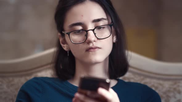 Sad Girl Uses the Phone Failed Relationship Depression Bad Message