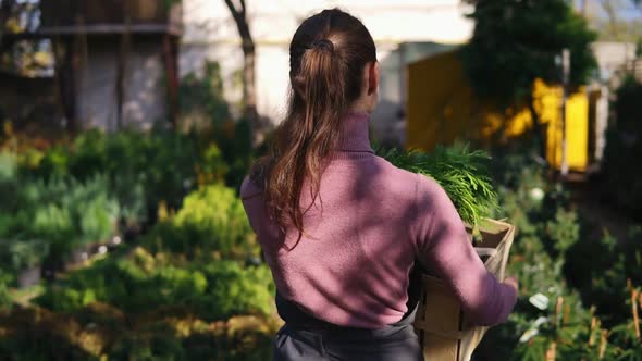 Back View of Female Florist Walking Among Rows of Different Plants in Flower Shop or Market and alt