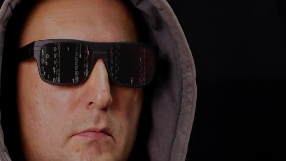 Man in Hood and Eyeglasses with Digital Rain Matrix alt