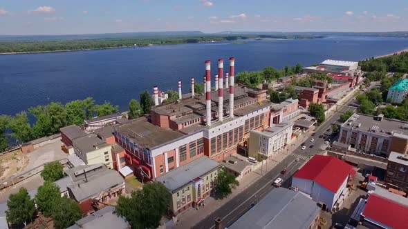 Old Factory in Samara City on Volga River Aerial View at Summer Day Top View