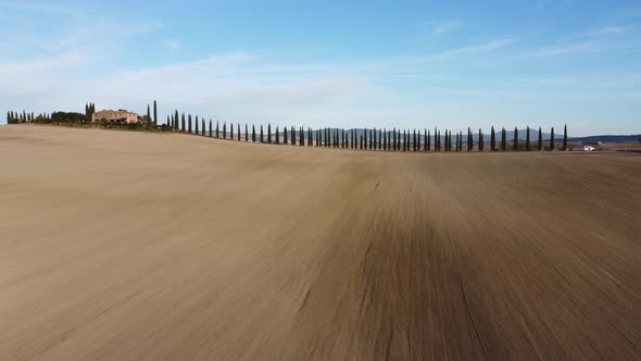 Farmhouse and Cypress Trees Road in Rolling Hills of Val d'Orcia Tuscany alt