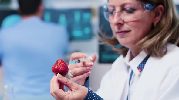 Close Up Static Shot of Female Researcher Injecting GMO Into Strawberries alt