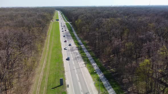 Aerial view on road driveway with bicycle lane