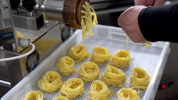 Man working inside pasta factory - Focus on the fresh made pasta