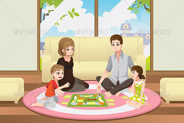 Family Playing Board Game - People Characters