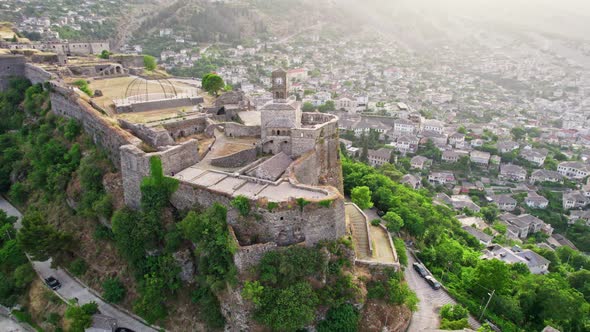 Flying Around Gjirokaster Fortress Castle During Sunset in Albania alt