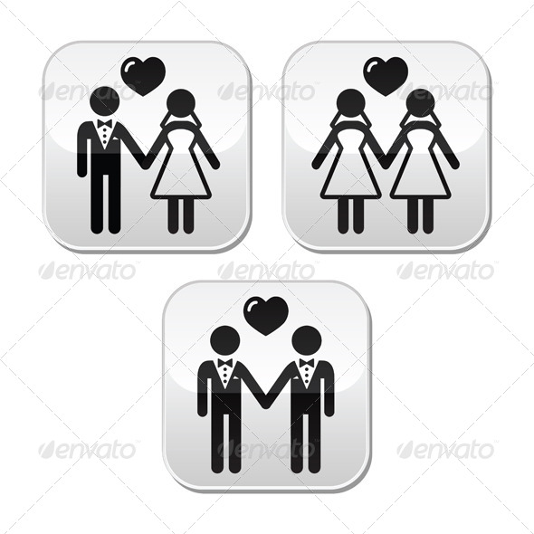 Wedding Married Hetero and Gay Couple Buttons - People Characters