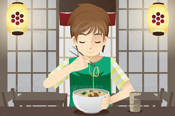 Boy Eating Noodle - People Characters