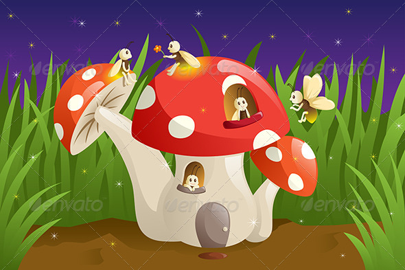 Mushroom House with Fireflies - Animals Characters