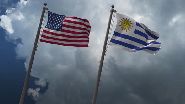 Waving Flags Of The United States And The Uruguay 4K alt