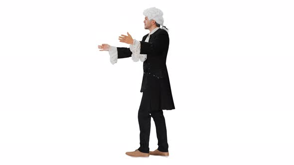 Man Dressed Like Wolfgang Amadeus Mozart Conducting an Orchestra on White Background alt