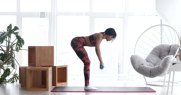 Woman doing fitness at home with dumbbells.