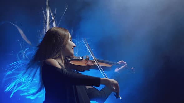 Girl Violin Musician Playing at Studio, Studio Dark Background