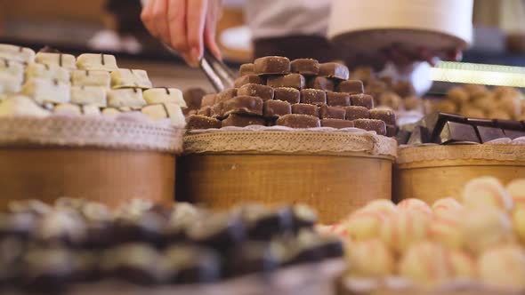 Chocolate Store. Shelves With Handmade Sweets Closeup