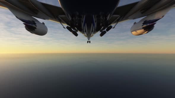 Airplane retracting its landing gears as it flies away over the ocean